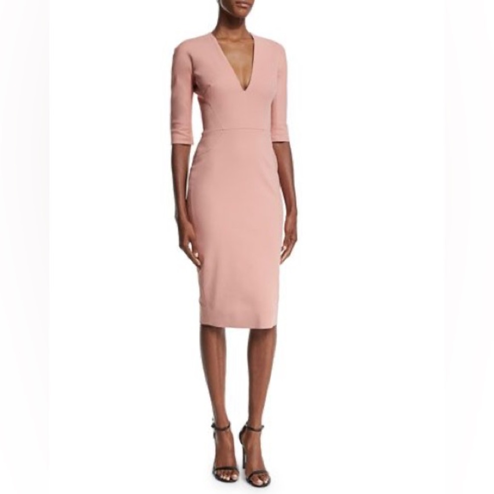 Victoria Beckham Nude Pink Back Zip Sheath Dress V-neck 3/4 Sleeve US 8